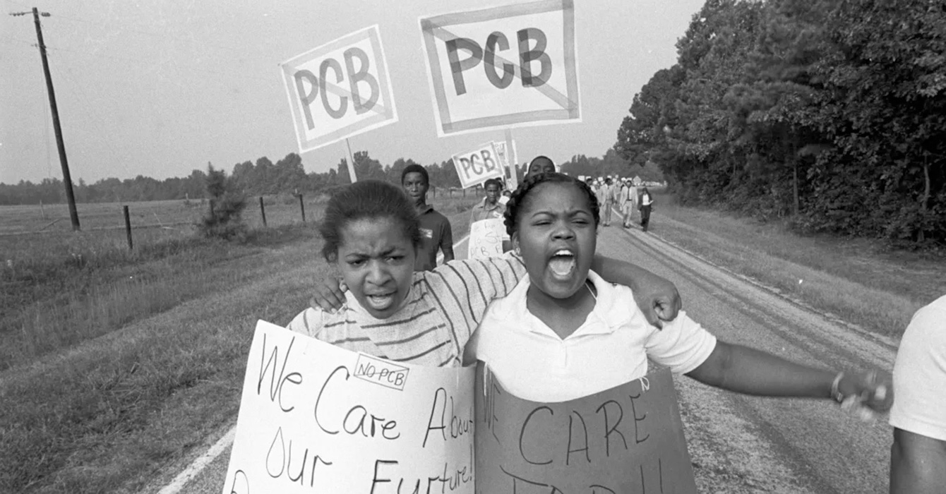 Black and white photo of environmental justice protest