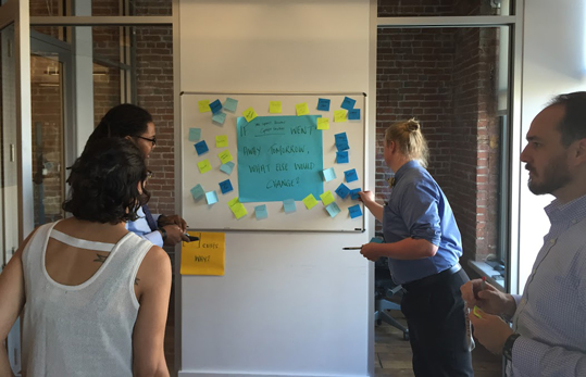 People put post-it notes on a board as part of a workshop